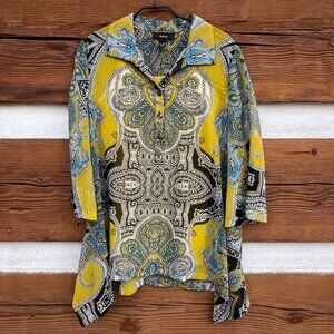 Alfani Paisley Blouse w/ Cami. Sheer, Tunic, ¾ Sleeve. Black, Yellow-Green Sz 6